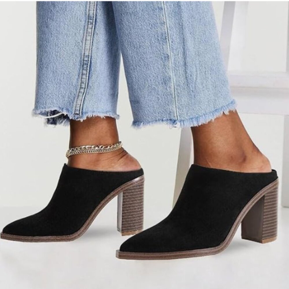 FOWT Black Pointed Toe Slip On Mules Block High Heel Sandal Comfortable Shoes